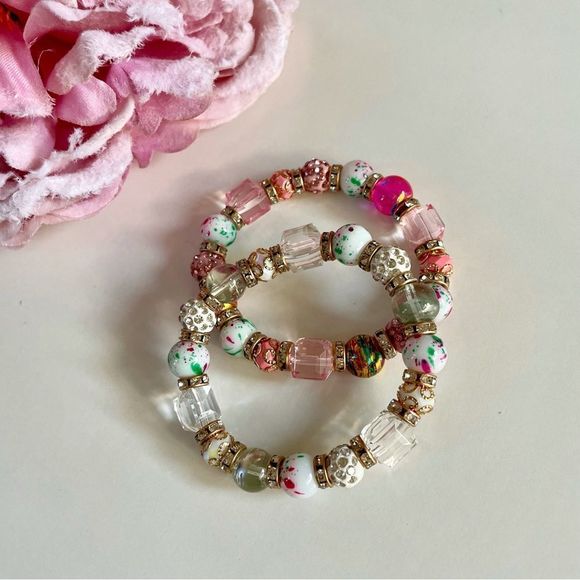 Set of 2 Bead Bracelets, Glass, Acrylic & Crystal, Stretch, Pretty Paste… - Picture 2 of 6